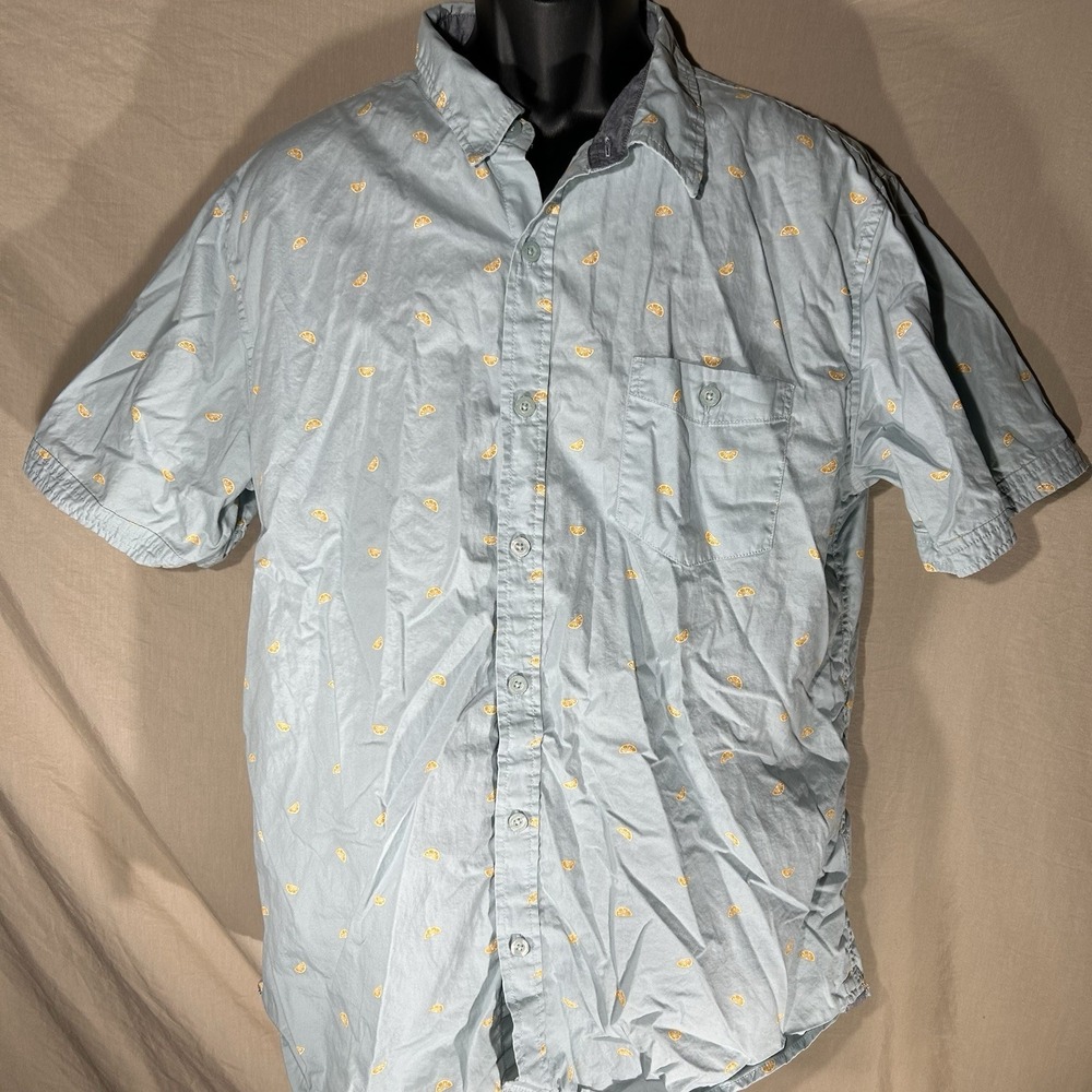 Weatherproof Mens Shirt Size XL Light Blue Orange Citrus Print Short Sleeve